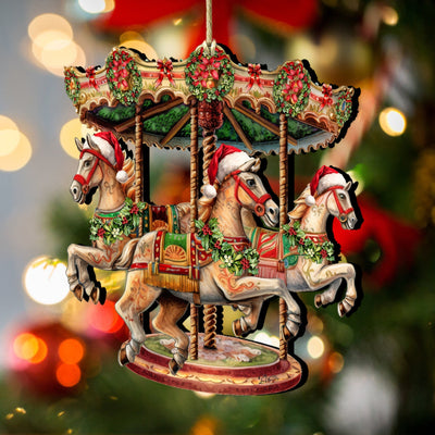 Handcrafted Christmas carousel wooden ornament with festive horses by G. Debrekht for indoor and outdoor decor