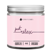 Just Relax candle in 9oz glass jar with coconut apricot wax and lemongrass jasmine patchouli scent