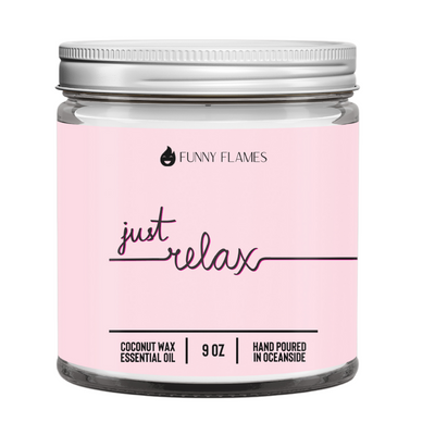 Just Relax candle in 9oz glass jar with coconut apricot wax and lemongrass jasmine patchouli scent