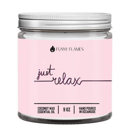 Just Relax candle in 9oz glass jar with coconut apricot wax and lemongrass jasmine patchouli scent