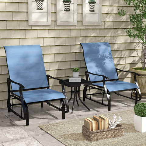 3-Piece Outdoor Gliders Set Bistro Set with Steel Frame, Tempered Glass Top Table for Patio, Garden, Backyard, Lawn, Light Blue