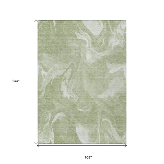 9' X 12' Artichoke Green Fern Green And Ivory Abstract Washable Indoor Outdoor Area Rug