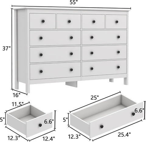 White 55 Inch Ten Drawer Dresser Modern Bedroom Storage