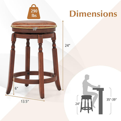 24" Swivel Bar Stools Set of 2, Farmhouse Counter Height Stools with Upholstered Seat & Rubber Wood Frame, round Backless Kitchen Stools, Barstools for Kitchen Island/Breakfast Nook, Walnut