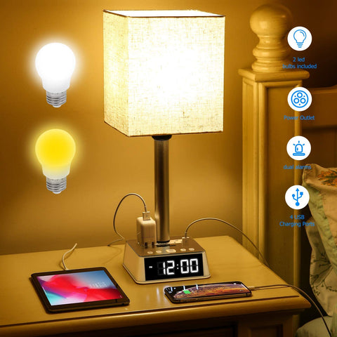 Table lamp with beige linen shade, 4 USB ports, AC power outlets, dual alarms, and digital clock on a square white base