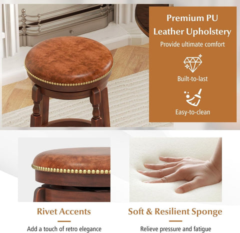 24" Swivel Bar Stools Set of 2, Farmhouse Counter Height Stools with Upholstered Seat & Rubber Wood Frame, round Backless Kitchen Stools, Barstools for Kitchen Island/Breakfast Nook, Walnut