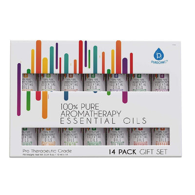 14 pack of 100% pure essential aromatherapy oils gift set by Pursonic with 14 different scents including lavender, peppermint, eucalyptus, and more in 10ml bottles