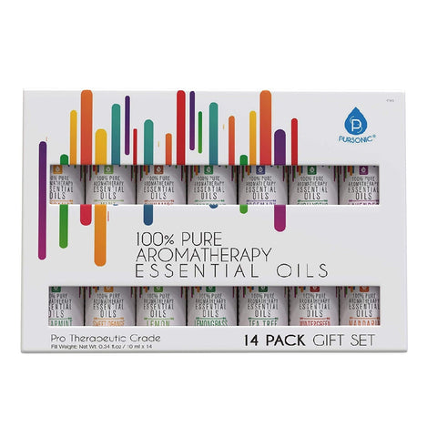 14 pack of 100% pure essential aromatherapy oils gift set by Pursonic with 14 different scents including lavender, peppermint, eucalyptus, and more in 10ml bottles