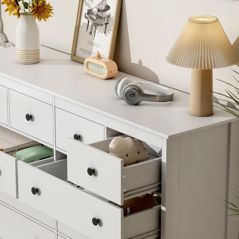 White 55 Inch Ten Drawer Dresser Modern Bedroom Storage
