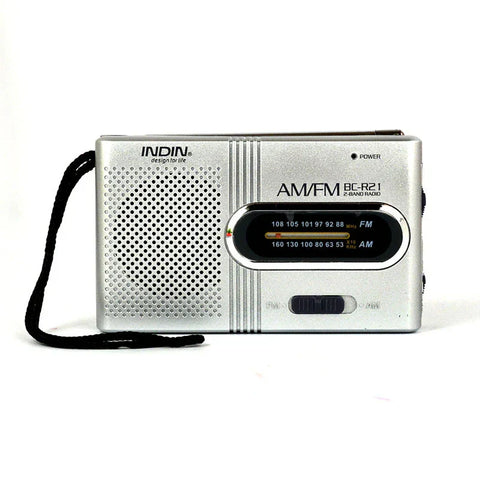 Silver BC-R21 Mini AM/FM portable radio with dual band reception and compact design