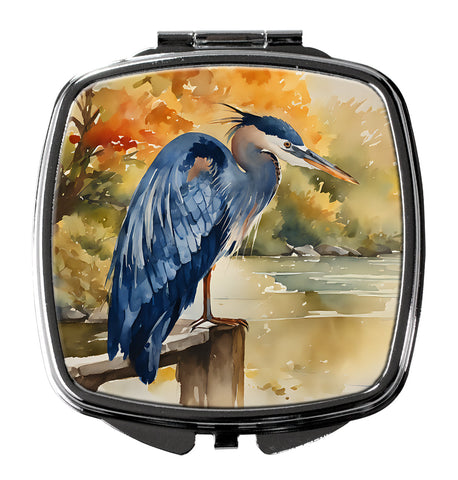 Blue Heron Compact Mirror with silvertone metal frame and bird artwork on the cover