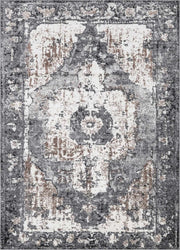 Newalla Area Rug by Hauteloom with traditional design in charcoal, dark brown, camel, ivory, and blue colors, machine woven 100% polypropylene medium pile rug from Turkey.