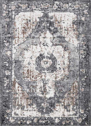 Newalla Area Rug by Hauteloom with traditional design in charcoal, dark brown, camel, ivory, and blue colors, machine woven 100% polypropylene medium pile rug from Turkey.