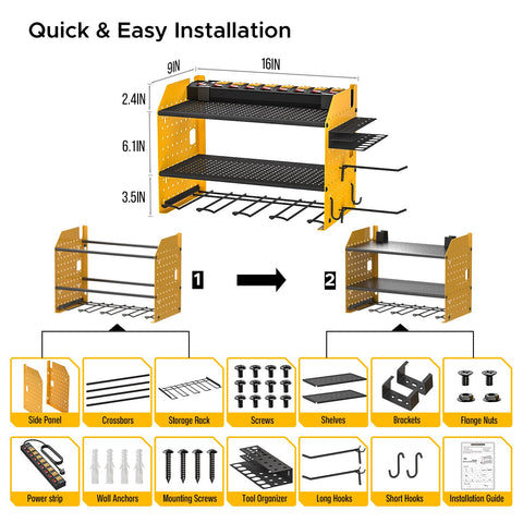 3 Layers Power Tool Organizer Wall Mount with Charging Station, Garage Tool Storage Rack Shelf with 8-Outlet Individual Switches Power Strip