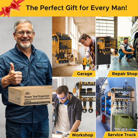 3 Layers Power Tool Organizer Wall Mount with Charging Station, Garage Tool Storage Rack Shelf with 8-Outlet Individual Switches Power Strip