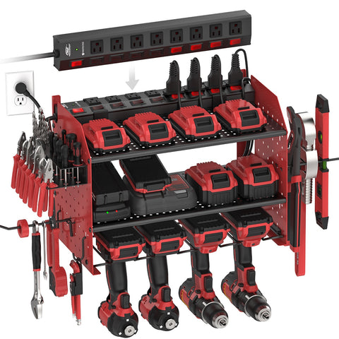 3 Layers Power Tool Organizer Wall Mount with Charging Station, Garage Tool Storage Rack Shelf with 8-Outlet Individual Switches Power Strip