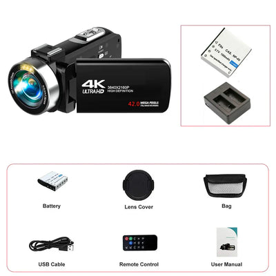 4K digital camera with 42MP, 18X zoom, dual batteries, 64GB card, lens cover, bag, USB cable, remote control, and user manual.
