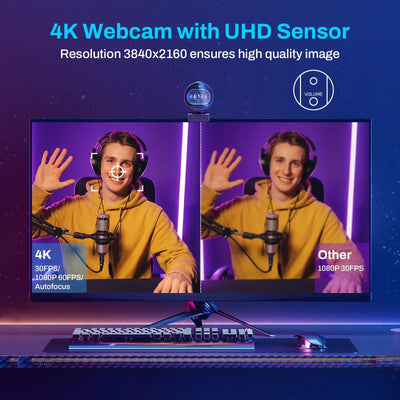 4K streaming webcam with UHD sensor showing video comparison and autofocus feature