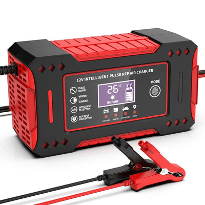 12V smart charger with LCD display, intelligent repair, safety protection, and red plastic casing for lead-acid batteries