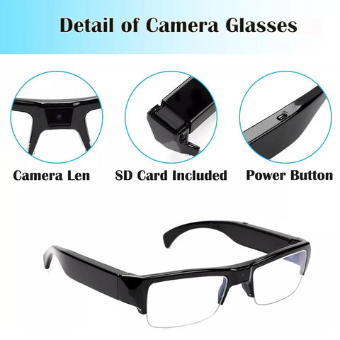 1080P HD Mini Camera Glasses wearable DVR video recorder with built-in camera lens, SD card slot, and power button in black frame