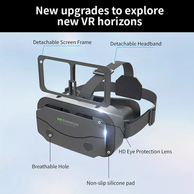 Black 3D VR Glasses with detachable screen frame and headband, breathable holes, HD eye protection lens, and non-slip silicone pad for smartphones.