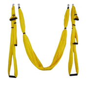 Yellow anti-gravity yoga hammock with six handles for aerial fitness and stretching