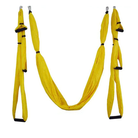 Yellow anti-gravity yoga hammock with six handles for aerial fitness and stretching