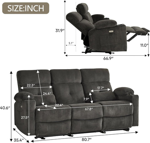 80 Inch Massage Recliner Sofa With Remote And USB Ports
