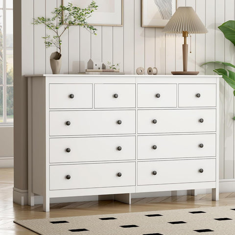 White 55 Inch Ten Drawer Dresser Modern Bedroom Storage