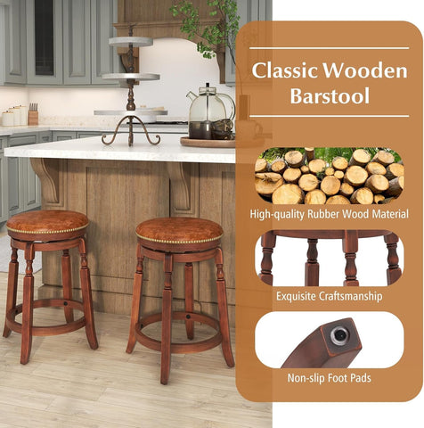 24" Swivel Bar Stools Set of 2, Farmhouse Counter Height Stools with Upholstered Seat & Rubber Wood Frame, round Backless Kitchen Stools, Barstools for Kitchen Island/Breakfast Nook, Walnut