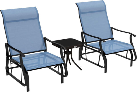 3-Piece Outdoor Gliders Set Bistro Set with Steel Frame, Tempered Glass Top Table for Patio, Garden, Backyard, Lawn, Light Blue