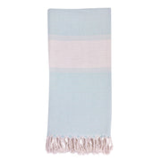 Anatolia Stripe Turkish Towel made of 100% Turkish cotton with blue and pink stripes and hand-knotted tassels.