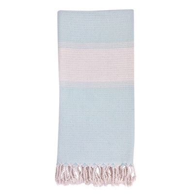 Anatolia Stripe Turkish Towel made of 100% Turkish cotton with blue and pink stripes and hand-knotted tassels.