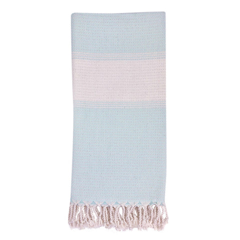 Anatolia Stripe Turkish Towel made of 100% Turkish cotton with blue and pink stripes and hand-knotted tassels.